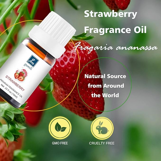GM Gumili Strawberry Essential Oil - Pure Organic Scent for for Aromatherapy, Diffusers, Spray, Skin & Hair Care, Massage, DIY Candles & Soap, Perfume - Fruity Fragrance, 10mL