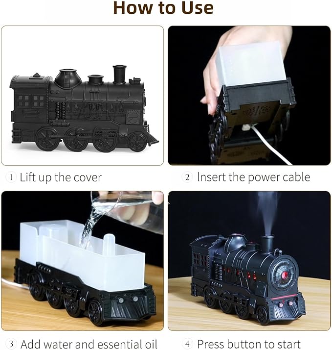 Train Diffuser, Train-Shaped Essential Oil Diffuser, Cool Mist Humidifier, Dual-Color LED Night Light, 300ml Capacity with Dual Mist Modes, Home Decor with 2-8Hour Timer (Black)