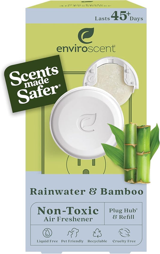 Enviroscent Non-Toxic Air Freshener Plug Hub® Warmer Refillable Kit - Refillable Plug-in Air Freshener - Home Fragrance Lasts Up to 45 Days - Mother’s Day Gift for Mom - Rainwater & Bamboo Scent