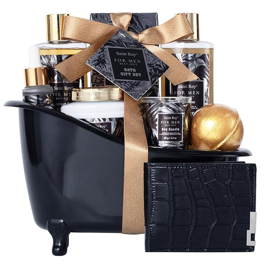 Gift for Dad Spa Gifts for Men, Bath & Body Kit, Spa Gift Set, Man Spa Basket Set for Dad, Mens Perfume Bath and Body Gift Set, Ideal Christmas Birthday Self Skin Care Set for Man Leather Wallet