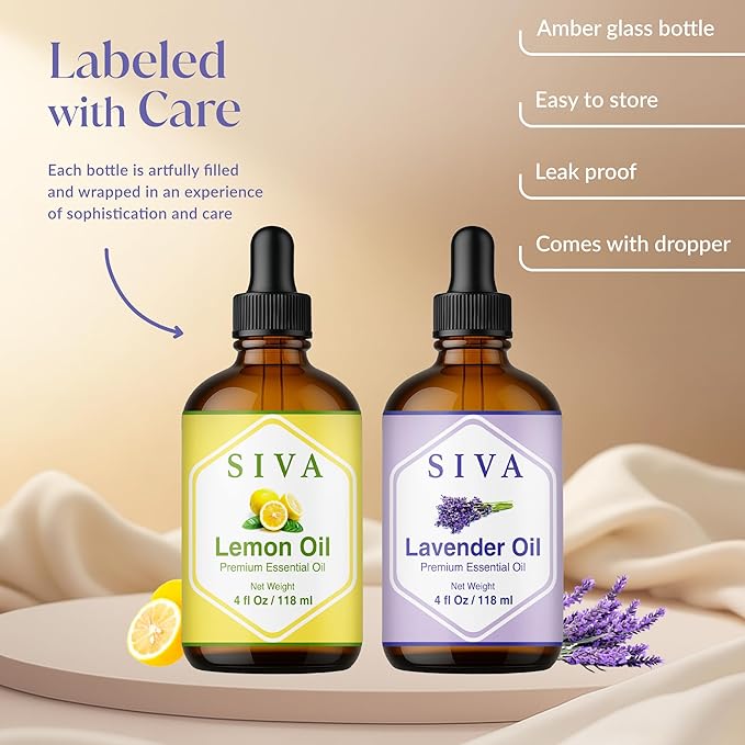 Siva Lemon and Lavender Essential Oil 4oz Bundle Super Saver Combo – Premium Grade Value Set for Aromatherapy, Skincare and Haircare