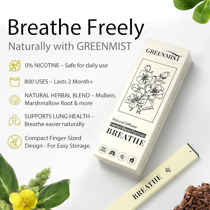 GreenMist Mullein Diffuser Pen - Refreshing Blend with Mullein Marshmallow Root Thyme Mint & Oregano Leaf - 800 Uses All-Natural Botanicals, 2 Packs