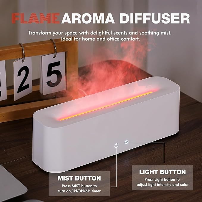 ClocTeck Flame Diffuser for Essential Oils, 380ml Large Fire Humidifier for Desk, Full-Color Adjustable, 28dB Quiet, Cool Mist