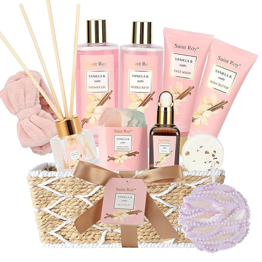 Mothers Day Gifts for Women Spa Gift Basket Vanilla Oat 16 Pcs Bath Scents for Women,Bath Gift Set Enriched essential oil, Home Spa with Shower Gel, Body Oil, Diffuser, Shower Steamer spa kit Mom