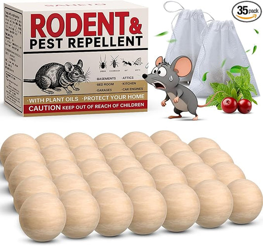 Mouse Repellent 35 Balls, Peppermint Rodent Repellent for Indoor & Outdoor Use, Long-Lasting Safe Mice Deterrent, Natural Effective Moth Balls for Rodent Control for Home, Car & Garden