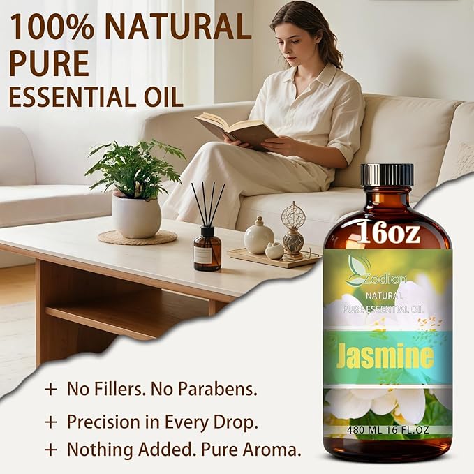 Jasmine Essential Oil, 16 fl oz (480ml) - ZODION Jasmine Fragrance Oil for Diffuser, Massage, Humidifier, DIY Candle, Soap Making, Home, Bath, Yoga