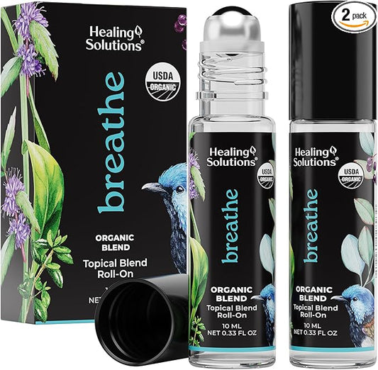 Healing Solutions (2 Pack) Organic Breathe Essential Oil Blend Roll-On Perfume - USDA Certified Aromatherapy Oil Roller for Sinus Ease