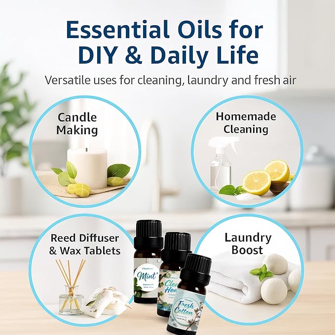 Clean Essential Oils Set 6 x 10ml–Fresh Linen, Mint,Clean Home,Silken Breeze, Fresh Cotton, Floral Soap for Diffuser, Home Fragrance