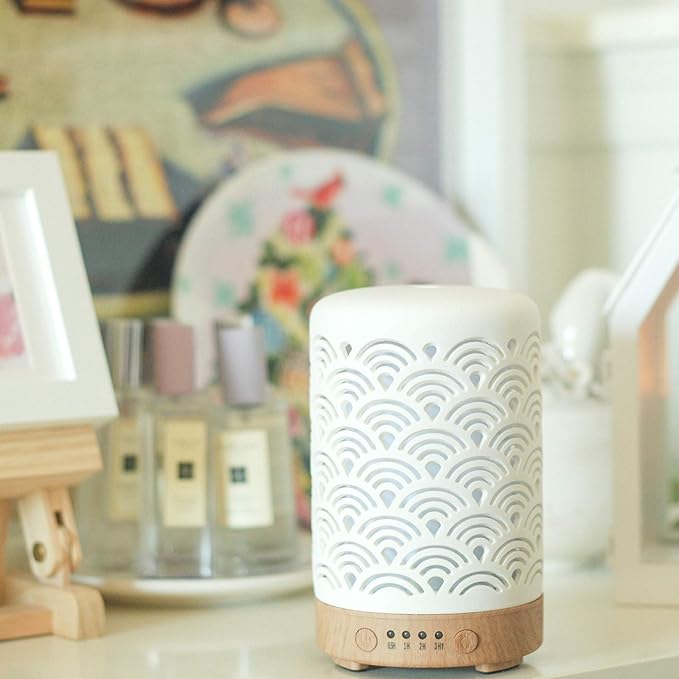 Essential Oil Diffuser White Ceramic Diffuser 100 ml Timers Night Lights and Auto Off Function Home Office Humidifier Aromatherapy Diffusers for Essential Oils