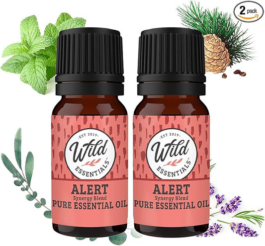 Wild Essentials Alert 100% Pure Essential Oil Synergy Blend 2 Pack - 10ml, Therapeutic Grade - Keeps You Awake, Sharp and Energized with a Fresh, Clean and Uplifting Aroma, Made in the USA