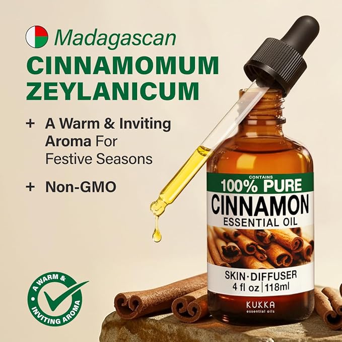 100% Pure Cinnamon Oil - 4 Fl Oz Cinnamon Essential Oil for Hair, Skin, Diffuser, Aromatherapy & DIY Soap Making Scent