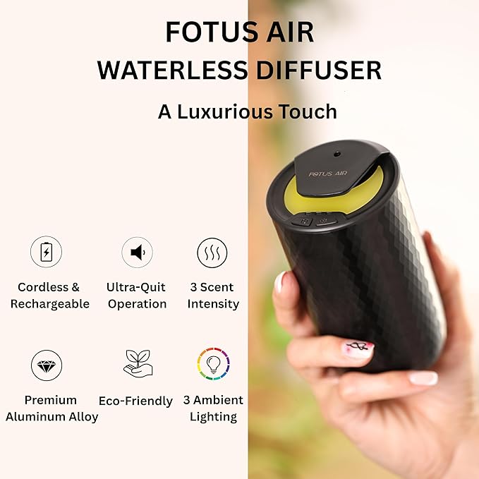 Waterless Essential Oil Diffuser – Portable Cordless Aromatherapy Diffuser for Home, Car, Office – 3 Mist Levels - 4 Timer Modes - 15ml Oil Capacity - USB-C Rechargeable