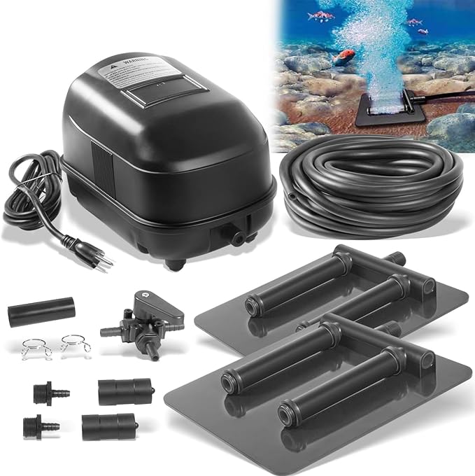 Complete Pond Aeration Kit, Water Garden Oxygenation Bubbler System Adds Oxygen to Koi & Fish Ponds, Outdoor Diaphragm Compressor Pump, Air Line & 2 Submersible Diffuser Sticks