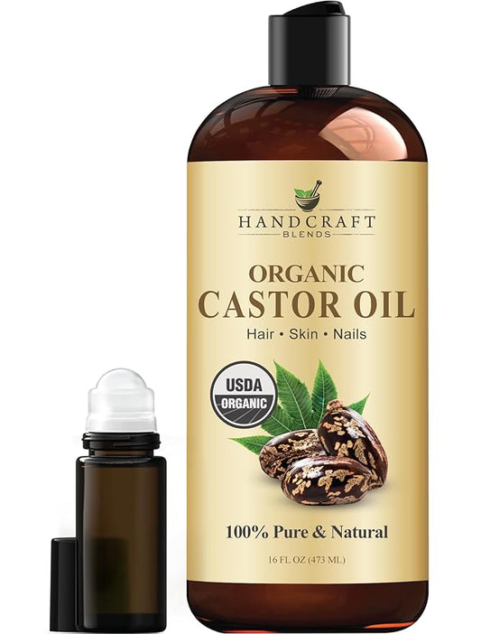 Handcraft Blends Organic Castor Oil 16 Fl Oz | Roll on Bottle | 100% Pure and Natural | Premium Grade Carrier Oil | Hair, Eyelashes and Eyebrows | Hair and Body | Expeller-Pressed | Hexane-Free