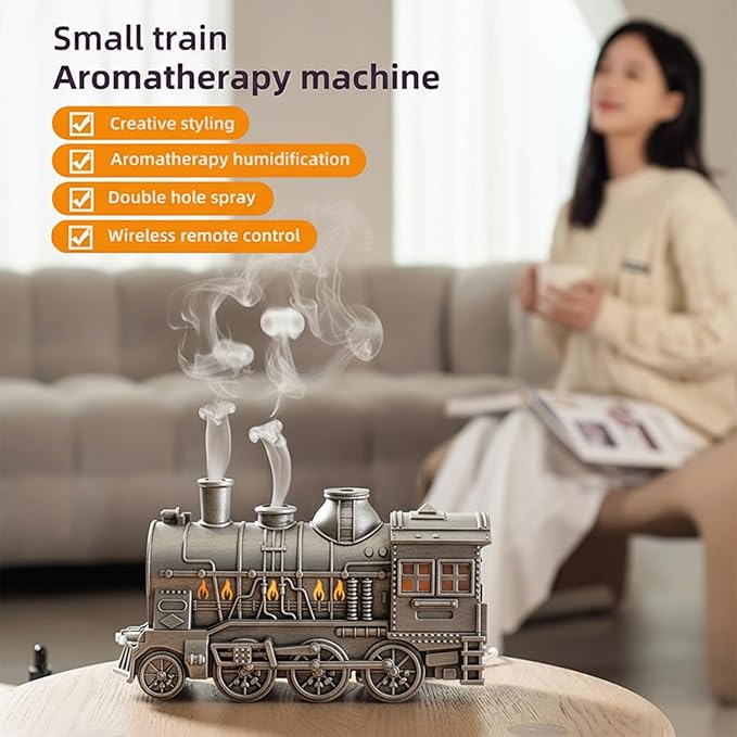Retro Train Essential Oil Diffuser Humidifier 300ML - Steam Engine Cool Mist Humidifier with Dual Mist Modes & Auto Shut-Off, Quiet Aromatherapy Diffuser with Night Light for Home Office Decor