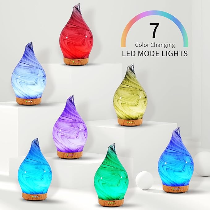 Porseme Essential Oil Diffuser Hand-Blown Glass Aroma Diffusor, Aromatherapy Unltrasonic Cool Mist deffuser, 7 Color Changing, Waterless Shut-Off, Timer Function for Home Office(150ml, Ink)