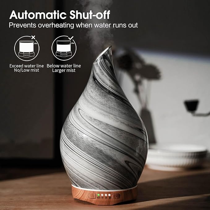 Porseme Essential Oil Diffuser Hand-Blown Glass Aroma Diffusor, Aromatherapy Unltrasonic Cool Mist deffuser, 7 Color Changing, Waterless Shut-Off, Timer Function for Home Office(280ml, Ink)