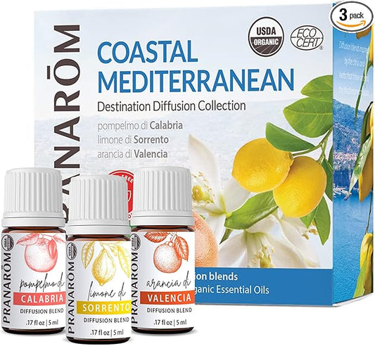 Pranarom - Coastal Mediterranean Diffusion Blend Kit 3-Pack 5ml - Home Aromatherapy - 100% Pure Organic Ingredients - Sustainably Sourced, Certified Organic Quality