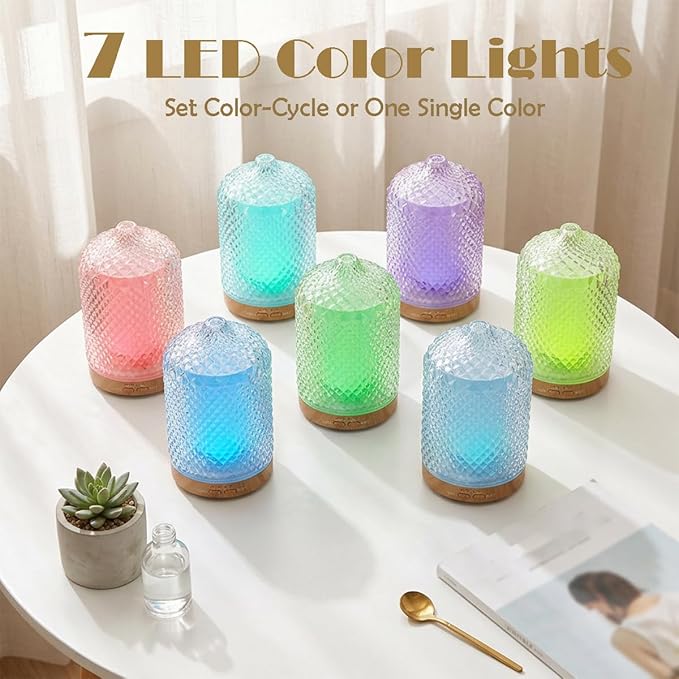 Diffuser with 3 Essential Oils,Glass Aroma Diffusers,200ml Small Humidifier with Timer,7 ED Color Lights,Waterless Auto Shut-Off for Office Home Room Decor Gifts for Women