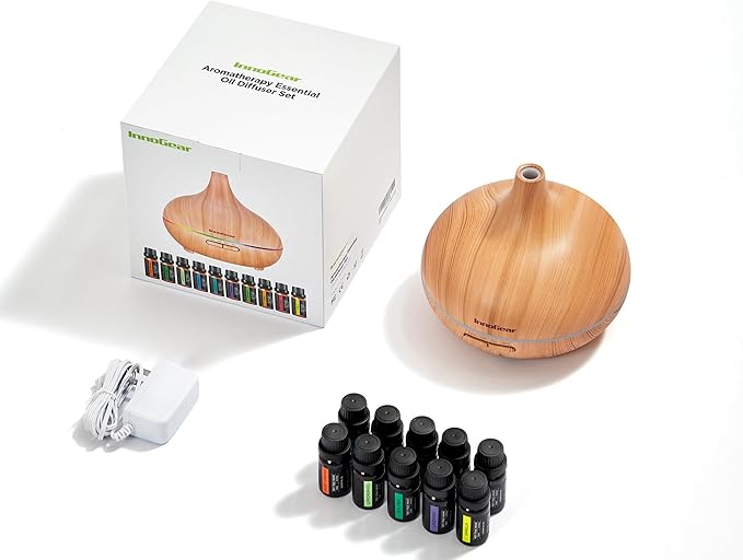 InnoGear Aromatherapy Diffuser & 10 Essential Oils Set, 400ml Diffuser Ultrasonic Diffuser Cool Mist Humidifier with 4 Timers 7 Colors Light Waterless Auto Off for Mother's Gift, Yellow Wood Grain