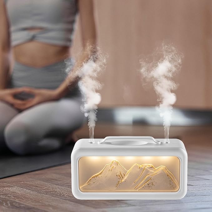 600ML Dual Mist Spray Snow Mountain Essential Oil Diffuser with 3 Modes Night Light USB Desktop Humidifier for Bedroom Home Office