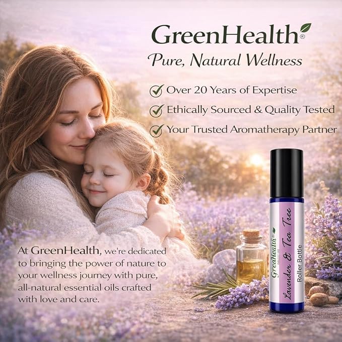 GreenHealth Lavender & Tea Tree Essential Oil Roll On 10 ml – Pre-Diluted Aromatherapy Roller, Ready to Use, Portable Roll-On, Relaxing Lavender & Refreshing Tea Tree Blend for On-the-Go Use