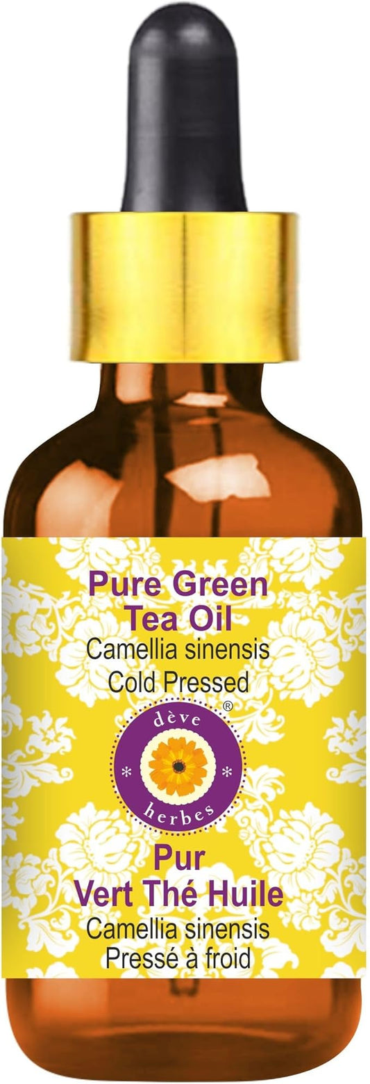 Deve Herbes Green Tea Oil (Camellia sinensis) with Glass Dropper | Cold Pressed | Pure | Natural | for Diluting Essential Oils | for Skin & Massage | Non-Sticky | Lightweight | Unisex | 30ml (1 oz)