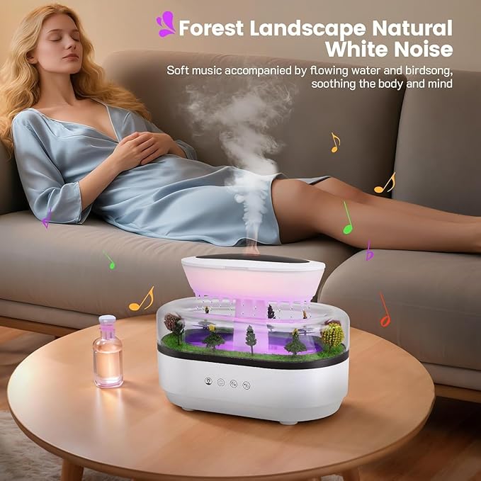 Essential Oil Diffuser 250ML Air Humidifier with 7-Color Adjustable LED Ambient Light,Water Drip Sound,Micro Landscape,Ultrasonic Quiet Mist,Ideal for Bedrooms,Offices & Plants (White)
