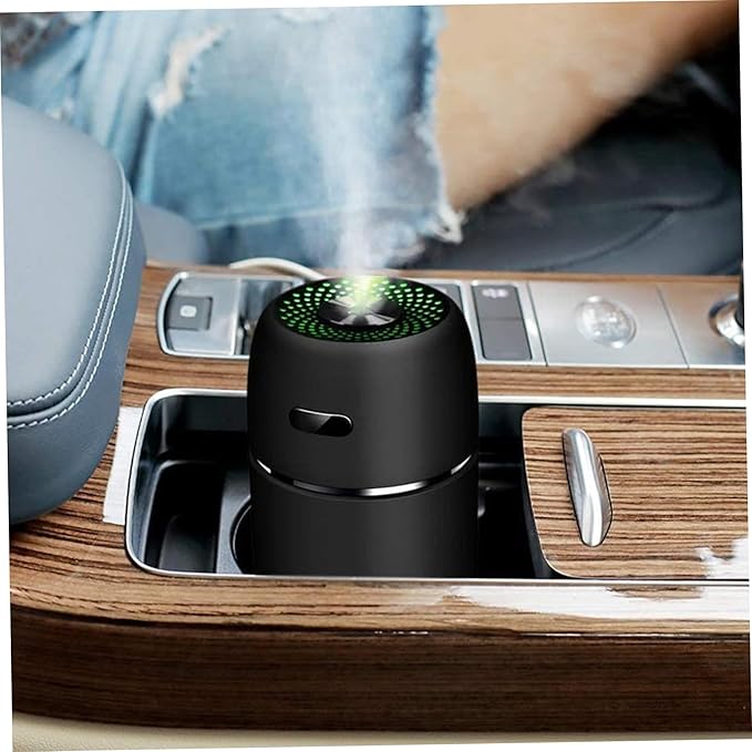 Car Humidifier, 200ml Round Mini Air Diffuser, Low Noise Warm Car Diffuser with Light, USB 2 Gear Air Freshener for Home Office Bedroom (Black)