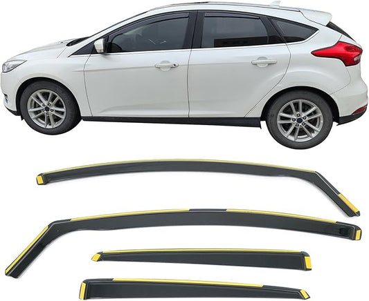 IKON MOTORSPORTS in Channel Window Visors Compatible with 2012-2018 Ford Focus Sedan & Hatchback, in Channel Style Injection PC Black Rain Guards, Side Window Wind Deflectors 4PCS
