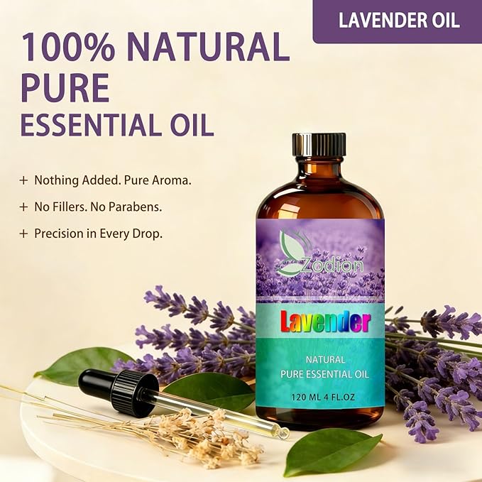 Lavender Essential Oil, 4 fl oz (120ml) - ZODION Lavender Fragrance Oil for Diffuser, Massage, Humidifier, DIY Candle, Soap Making, Home, Bath, Yoga