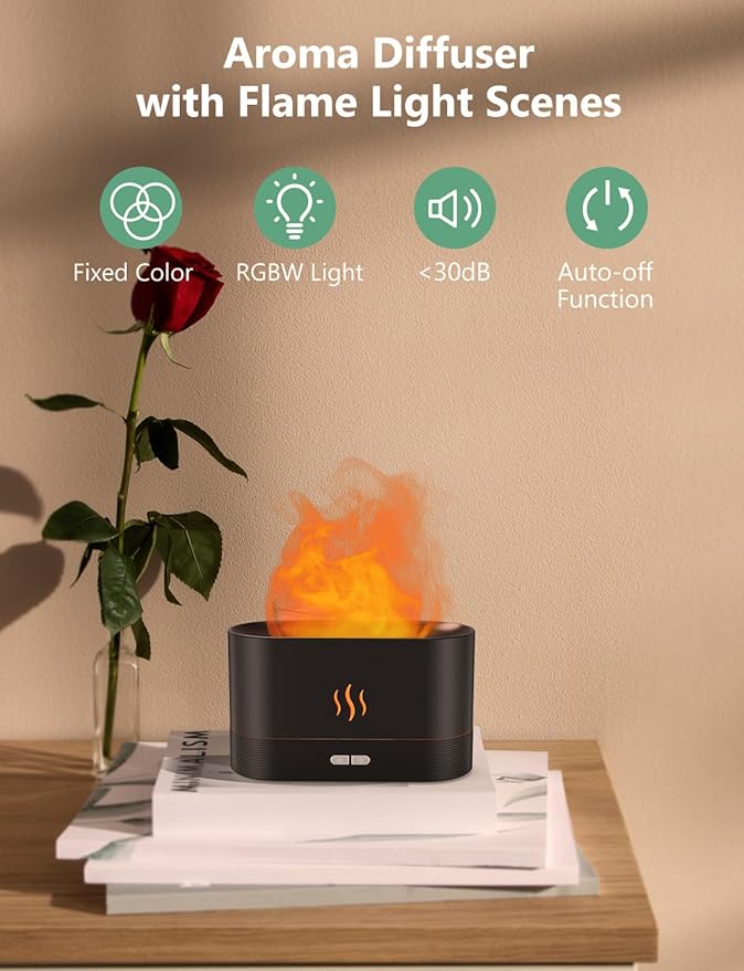 PIZAY Air Humidifier, Essential Oil Diffuser with Led Flame Light - 7 Colors, 180mL Capacity (8 Hours), Noiseless Operation, Auto-Off Protection - Perfect for Home Bedroom Office Gifts(White)