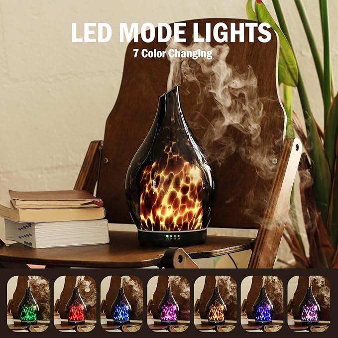 Porseme Essential Oil Diffuser Hand-Blown Glass Aroma Diffusor, Aromatherapy Unltrasonic Cool Mist deffuser, 7 Color Changing, Waterless Shut-Off, Timer Function for Home Office(280ml, Lava)