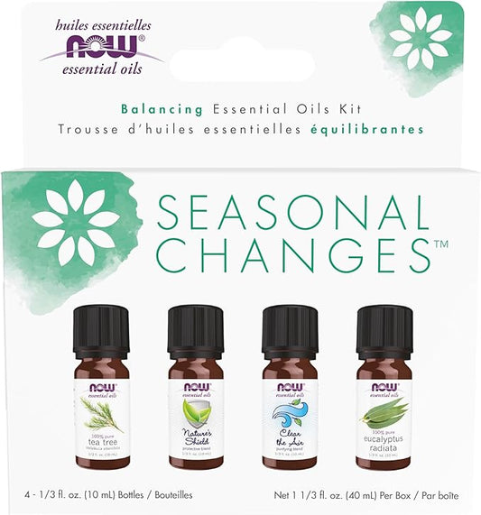 NOW Essential Oils, Seasonal Changes Balancing Aromatherapy Kit, 4x10ml Including Tea Tree, Eucalyptus Radiata, Clear the Air and Nature’s Shield Oil Blend With Child Resistant Caps