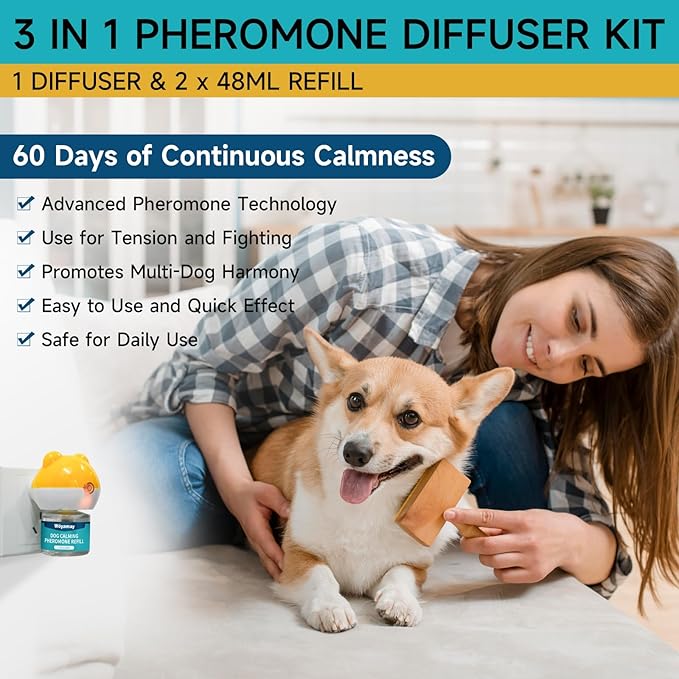 Woyamay Dog Calming Diffuser - Dog Pheromones Calming Diffuser for Dog Anxiety Relief 3-in-1 Dog Pheromone Diffuser Kit with 1 Diffuser + 2 Refill 48ml Vial - 60 Days Pheromone Diffuser to Calm Dogs