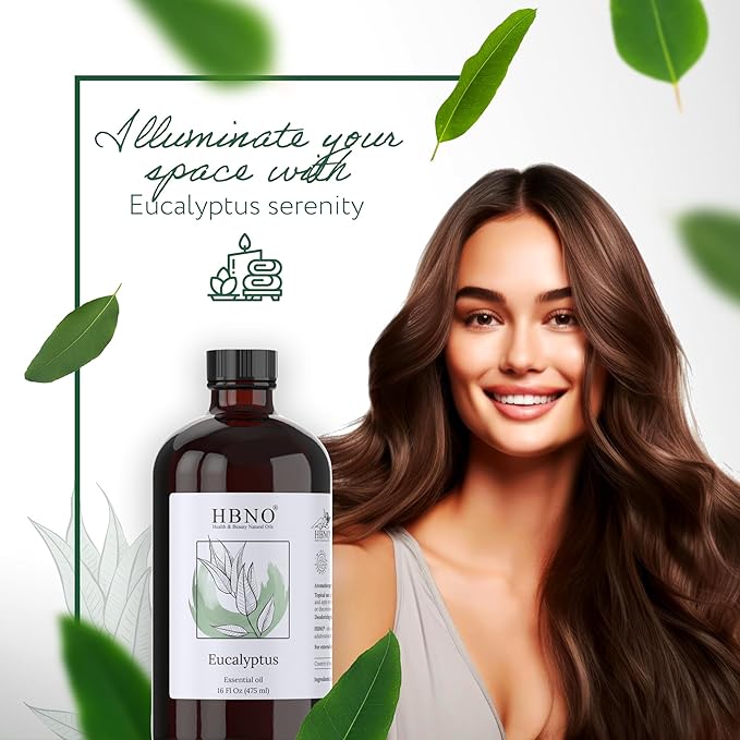 HBNO Eucalyptus Oil - 16 oz (475ml) Large Size - Ideal for Shampoos, Conditioners, Mouth Washes, Face wash, Lotions, and Skin Care Products.