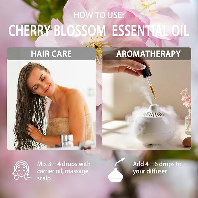 Cherry Blossom Essential Oil, 4 fl oz (120ml) - ZODION Cherry Blossom Fragrance Oil for Diffuser, Massage, Humidifier, DIY Candle, Soap Making, Home, Bath, Yoga