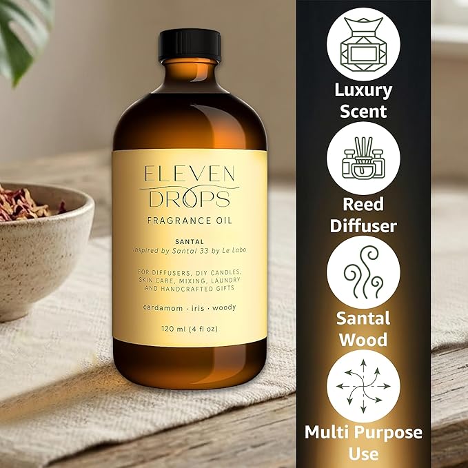 Santal Fragrance Oil | Cardamom, Iris & Woody Notes | Long Lasting Scent Reed Diffuser Oil for Home, Office, Hotel, Spa, Car & Linen Spray | Pet Friendly IFRA Compliant, 4 oz