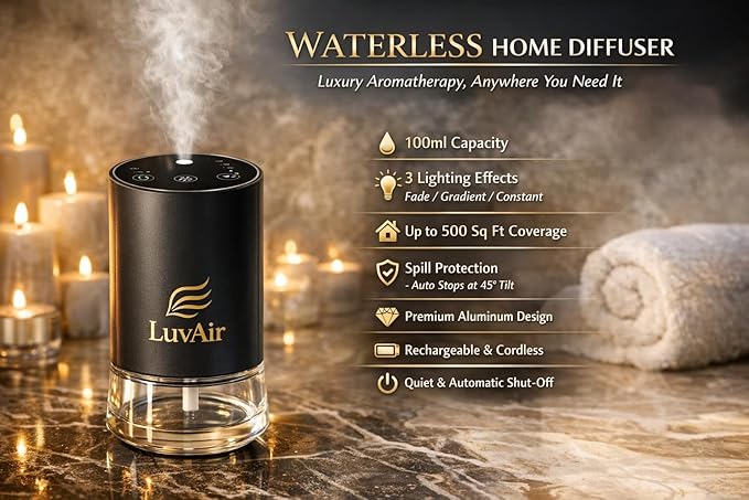 LuvAir Waterless Home Diffuser – Rechargeable Cordless Aromatherapy Machine for Large Rooms, Adjustable Mist, Essential Oil Diffuser for Home & Office (Black)