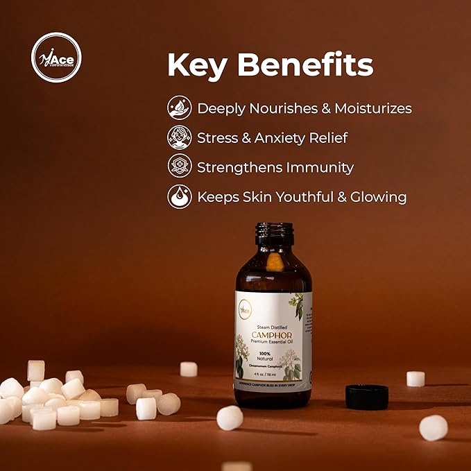 My Ace Camphor Essential Oil 4 Fl Oz – 100% Natural, Steam Distilled Camphor Oil – for Diffuser, Aromatherapy, Skin & Hair Care – Highly Concentrated – Includes Dropper