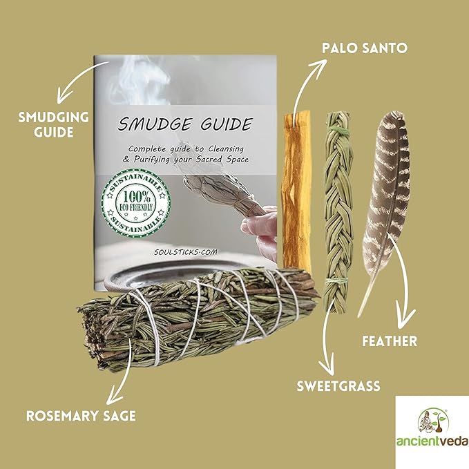 Ancient VEDA Organic Smudge Kit –Rosemary, Palo Santo, Sweetgrass Braid, Feather & Smudge Guide | Home Cleansing Kit for Meditation, Yoga, Energy Healing & Gift (Starter Kit, Rosemary Sage)