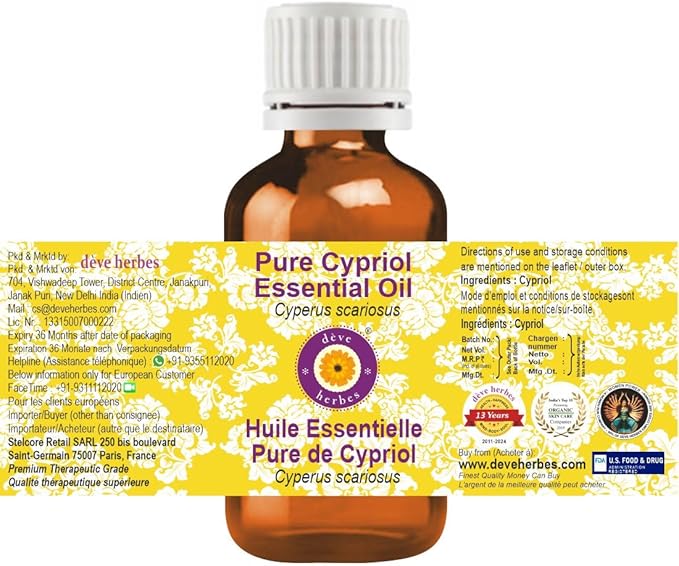 dève herbes Cypriol Essential Oil (Cyperus scariosus) Pure | Non-Sticky | Non-Greasy | Lightweight | Men & Women | All Skin Types | Steam Distilled 5ml (0.16 oz)