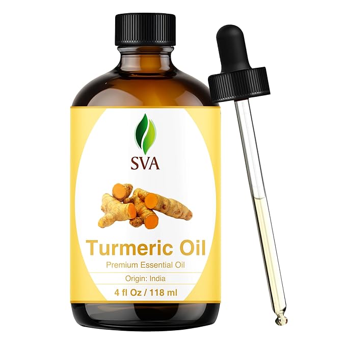 SVA Turmeric Essential Oil – 4 Fl Oz – 100% Natural Turmeric Oil - for Diffuser, Hair Care, Face, Skin Care, Aromatherapy, Scalp and Body Massage, Soap and Candle Making – with Dropper