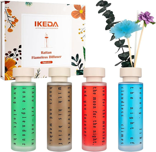 Ikeda Luxury Gift Set of 4 Reed Diffusers with Preserved Eucalyptus - Home Fragrance Oils for Bedroom, Bathroom, Office & Living Room - Scents for Relaxation, Focus & Mood (5.07 fl.oz Each)