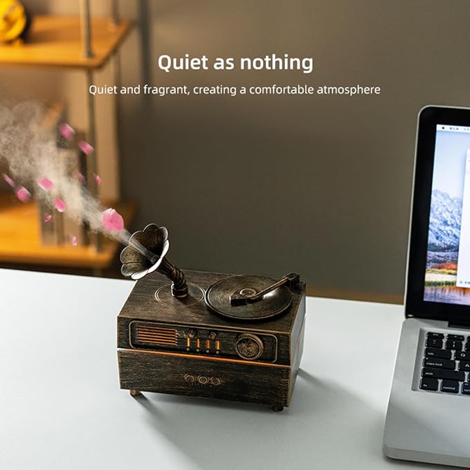 Daroma Essential Oil Diffuser, Retro Phonograph Design with Music Player, 7-Color LED Lights, Low-Noise Aromatherapy Humidifier for Home Office, Unique Gift Idea (Bronze)