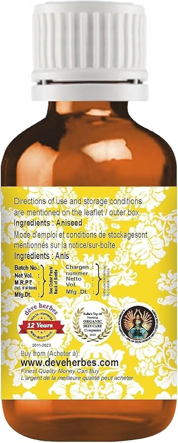 Deve Herbes Pure Aniseed Essential Oil (Pimpinella anisum) Steam Distilled (Pack of Three) 100ml X 3 (10 oz)