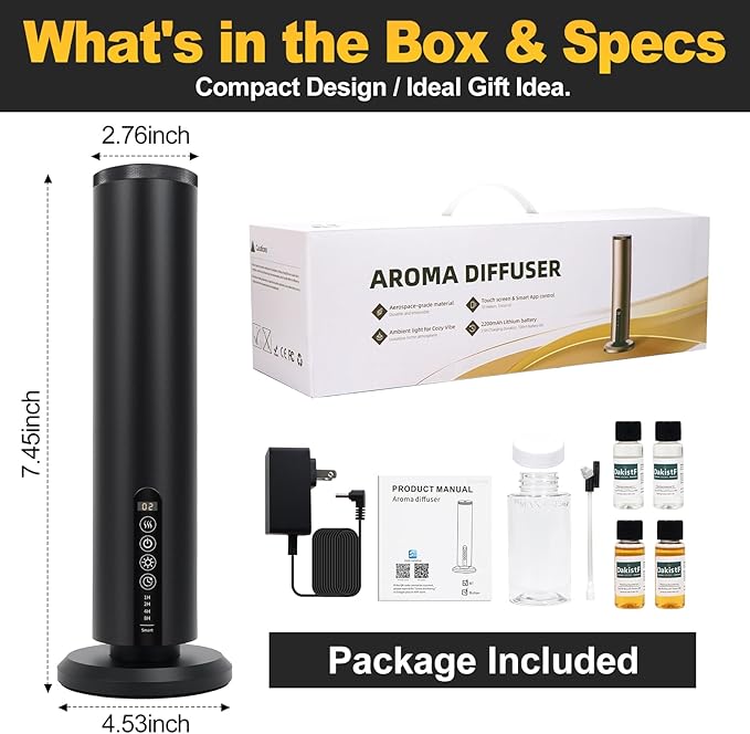 Hotel Waterless Scent Diffuser Starter Kit | 1500 Sq Ft Cold Air Essential Oil Diffuser with Bluetooth | Rechargeable Cordless Portable | Bedroom Office Home Spas | 4 X 20ml Hotel Essential Oil
