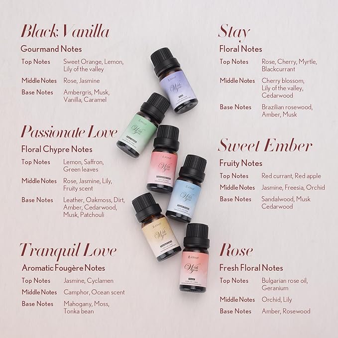 JCLOUD Fragrance Oil Gift Set for Women, Essential Oils for Diffusers for Home, Romantic Scented Oils for Perfume, Soap, Candle Making – 6x10 mL