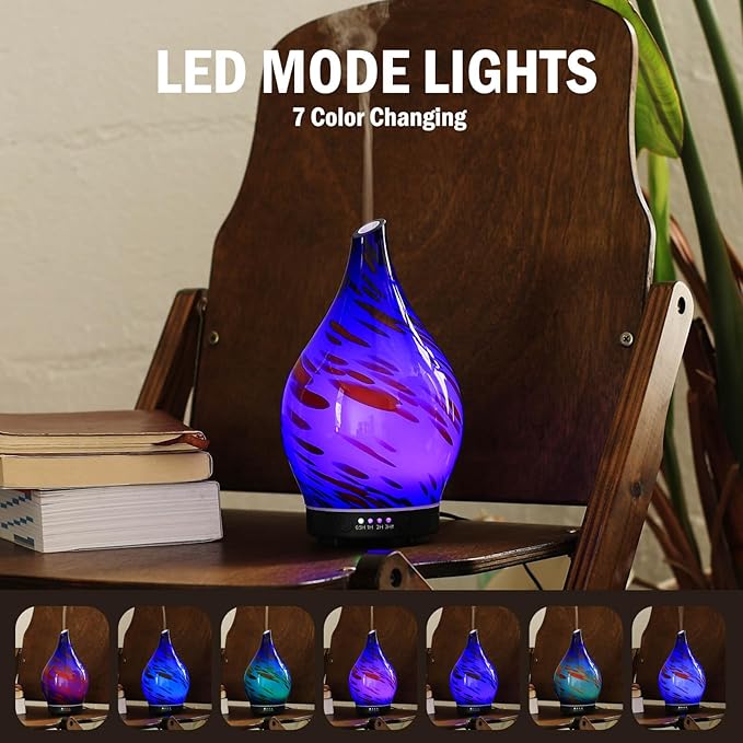 Porseme Essential Oil Diffuser Hand-Blown Glass Aroma Diffusor, Aromatherapy Unltrasonic Cool Mist deffuser, 7 Color Changing, Waterless Shut-Off, Timer Function for Home Office(150ml, Cobalt Blue)