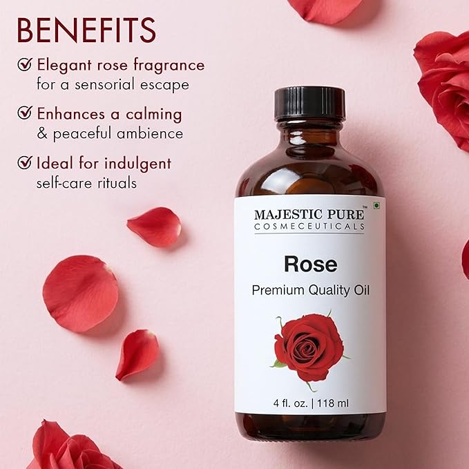 Majestic Pure Rose Premium Essential Oil 4 Fl Oz for Diffusers, Humidifiers, Massage, DIY Candles, Soap, Cleaning, Home, Yoga, Office, Gifts - 118 ml